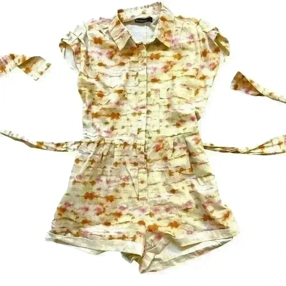 BLANK NYC Relaxed Fit Luxury Romper Size S Linen Cotton Blend Tan Pink tye dye